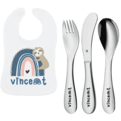 Schnullireich Geschenkset Mit Namen WMF Kinderbesteck Knuddel Mini 3 Tlg. + Lätzchen Blue Rainbow Silber