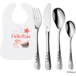 Schnullireich Geschenkset Mit Namen WMF Kinderbesteck Mickey & Friends + Lätzchen Einhorn Silber