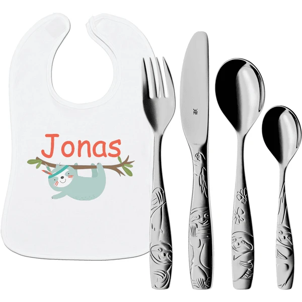 Schnullireich Geschenkset Mit Namen WMF Kinderbesteck Tommy + Lätzchen Kleines Faultier Silber 3 Schnullireich Geschenkset Mit Namen WMF Kinderbesteck Tommy + Lätzchen Kleines Faultier Silber