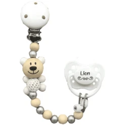 Schnullireich Schnullerkette Ohne Namen Häkelbär Natur Silber